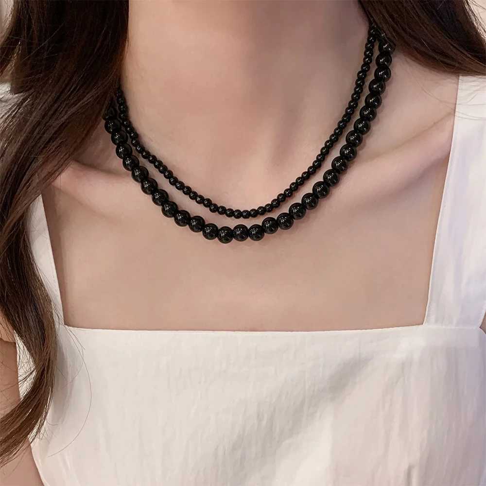 2024 New Punk Smooth Black Round Beads String Necklace for Women Men Unisex Acrylic Beads Choker Jewelry on The Neck Collar GiftXJ250219