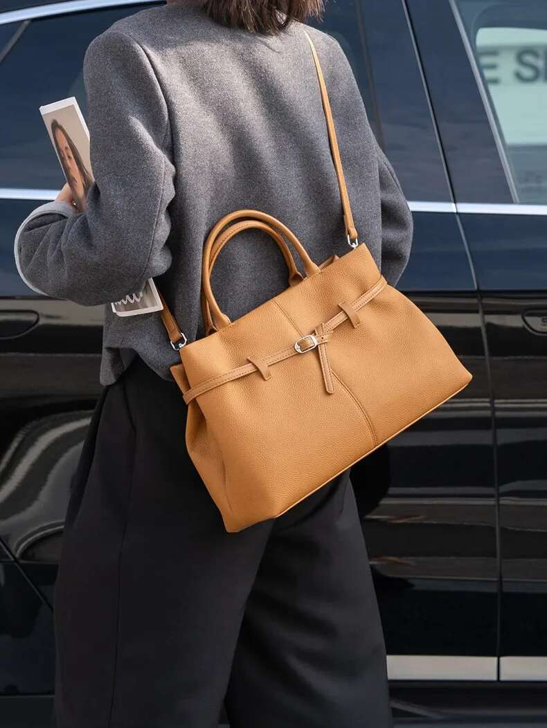 New High-End French Stylish Wine Red Tote Genuine Cow Leather Women's Handbag 2025 Large Business Commuter Shoulder Bag