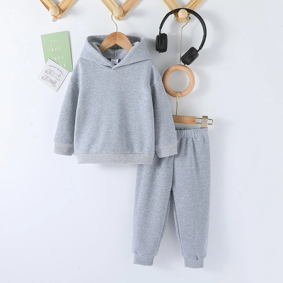 2025 Fall Winter Children Hooded Tracksuits Suits 1-86Y Toddler Boys Girls Clothing Suit Solid Plush Sweater Sports Pants Set 250220