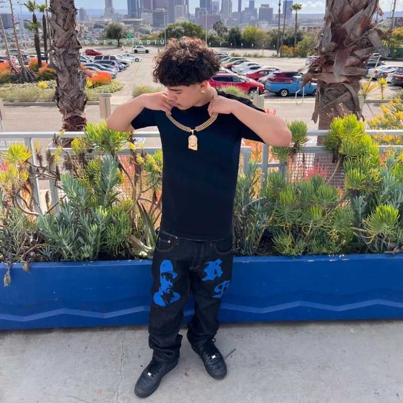 Black Straight Jeans Men Women Ins New Net Red Design Personality Printing Wide Leg Pants Winter Loose High Street Casual Jeans X2502201