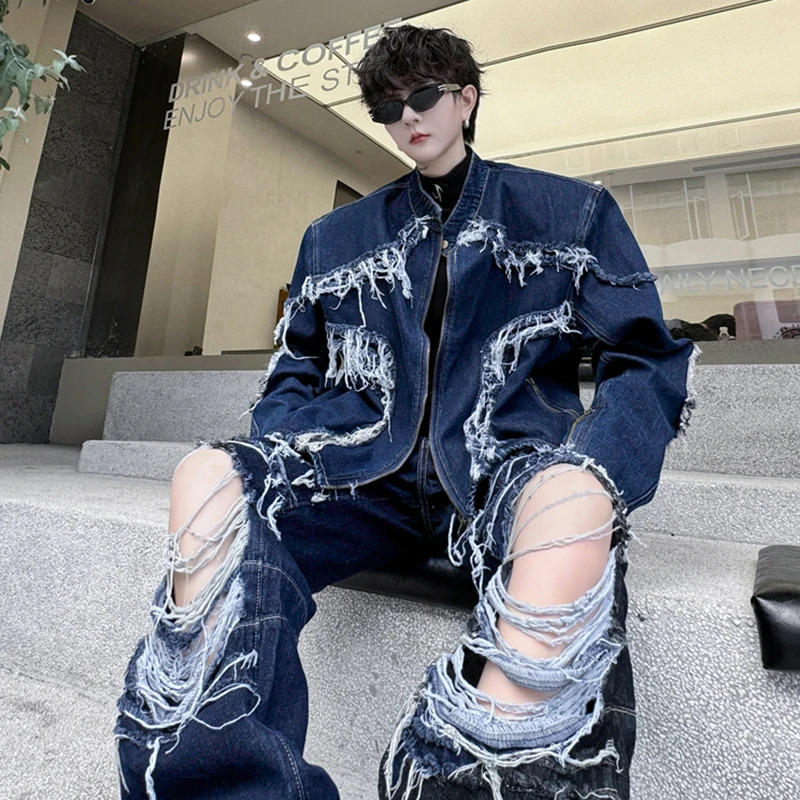 PFNW Spring Mens Set Stand Collar Rougn Edge Denim Jacket Ripped Hole Wide Leg Pants Spliced Trendy Streetwear 28W4788 250220