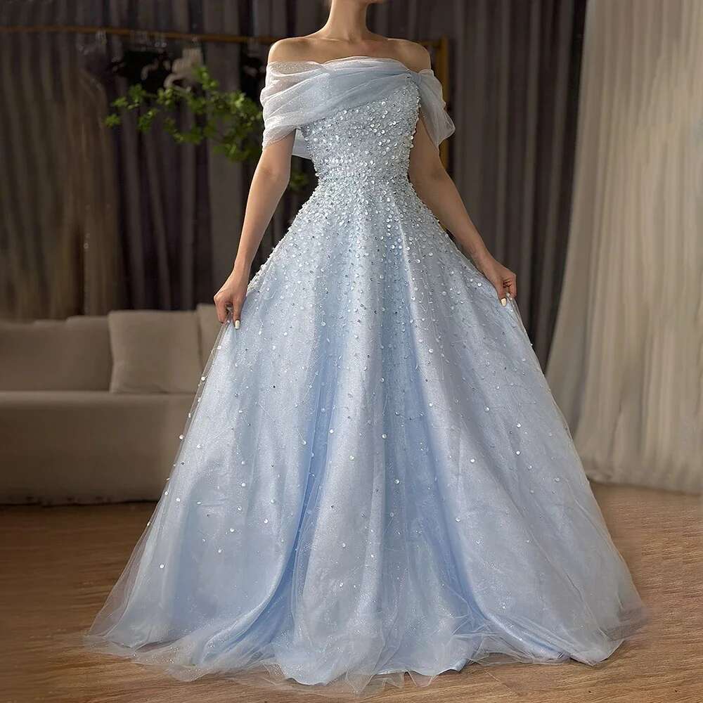Blue Arabic Off The Shoulder Beaded Elegant A E Long Evening Dresses Prom Gowns For Formal
