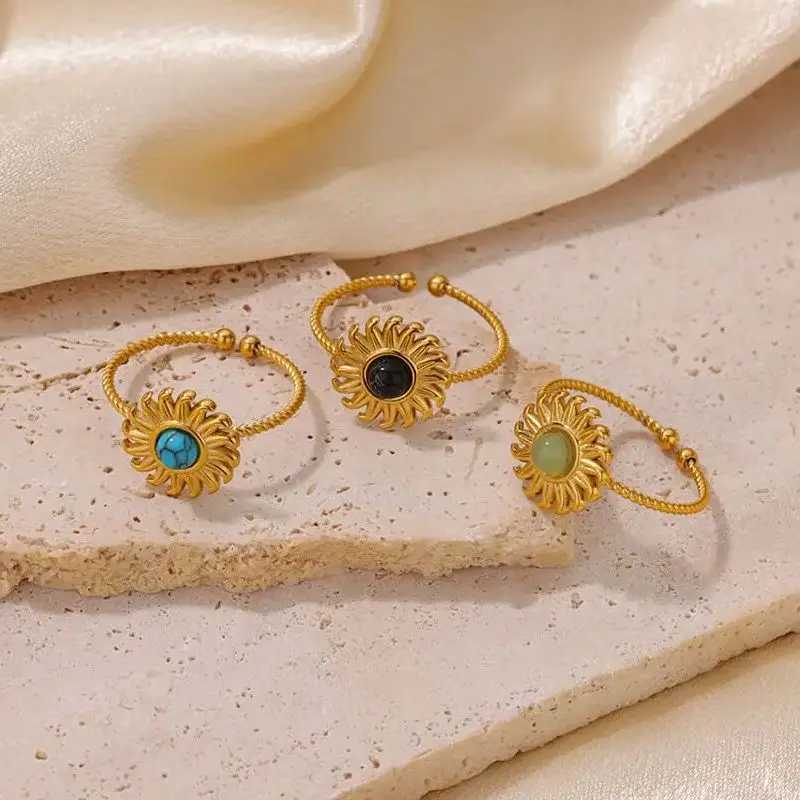 Vintage Green Oval Opal Rings for Wen Stainless Steel Gold Color Open Adjustable Wedding Ring Aesthetic Waterproof Jewelry BFF X250220