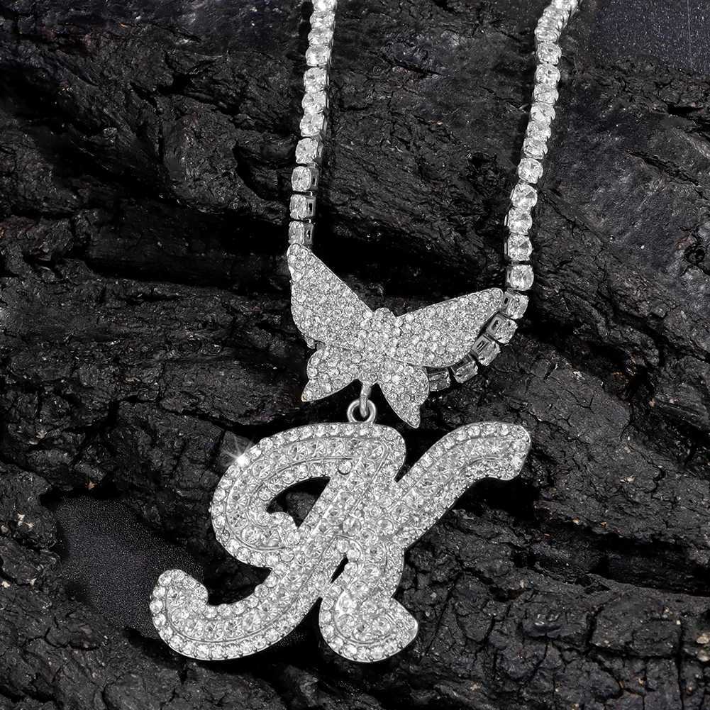 Men Women 14MM Cuban Chain Crystal Butterfly Initials Name Pendant Necklace d Out Cursive Letters Rper Necklace Jewelry NewXJ250219