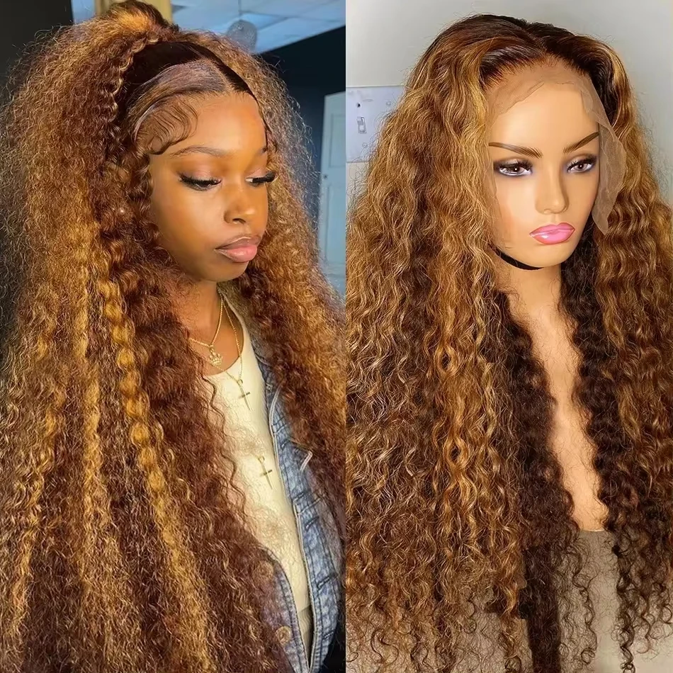 Free shipping Brazilian 30 40 Inch 4/27 Curly Ombre Highlight 13x4 Front Human Hair Deep Wave 13x6 Lace Frontal Wig Synthetic 250 Density for Women