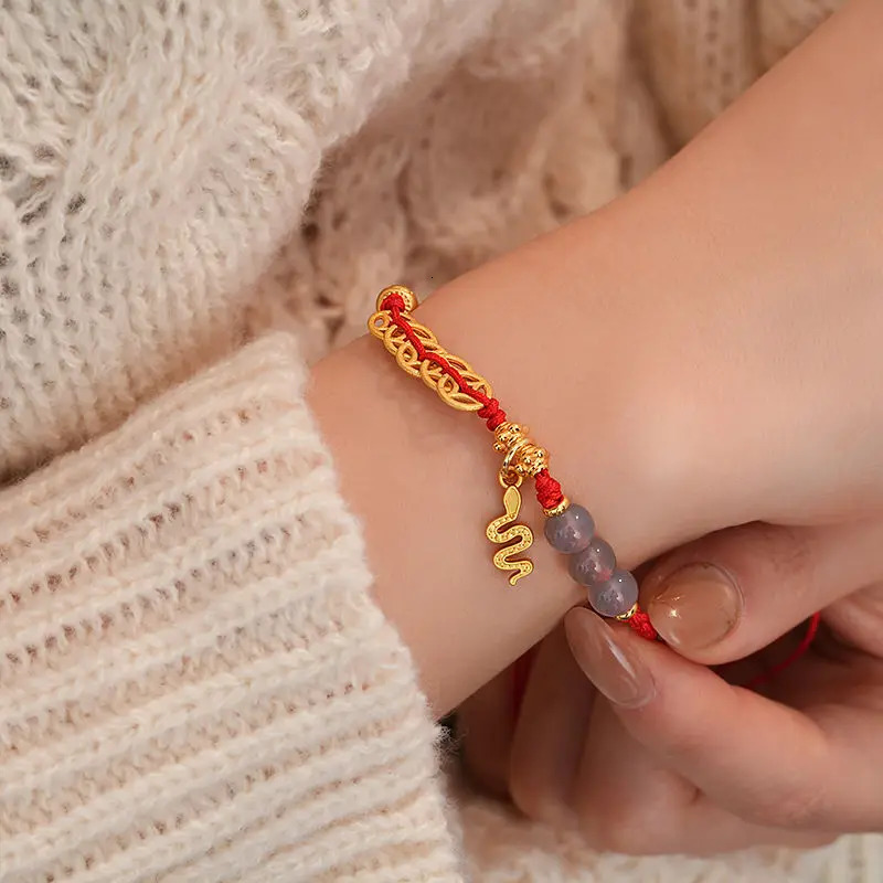 Year of The Snake Zodiac Benmingnian Red Rope Bracelets Womens Golden Copper Money Gold Ingot Red Woven Hand Rope Gifts 250220