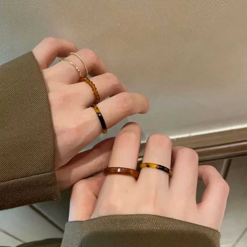 6pcs/set Rings Set for Wen Girl Vintage Simple Acrylic Gold Color Beaded Elastic Rings Fashion Accessories Finger Jewelry Gift X250220