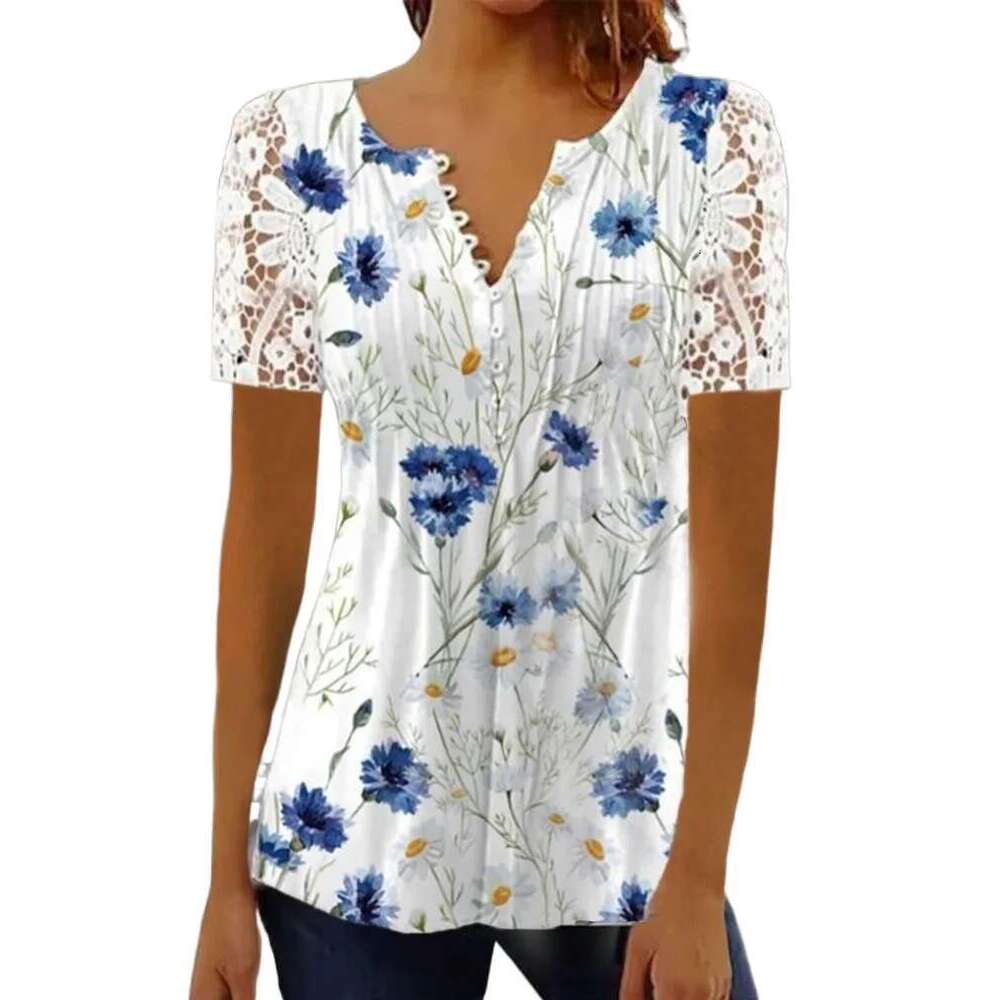 Summer Spring New Women's Loose And Comfortable Casual Lace V Neck Printed Blouse Ral Short Sleeve Elegant Fashion Shirt