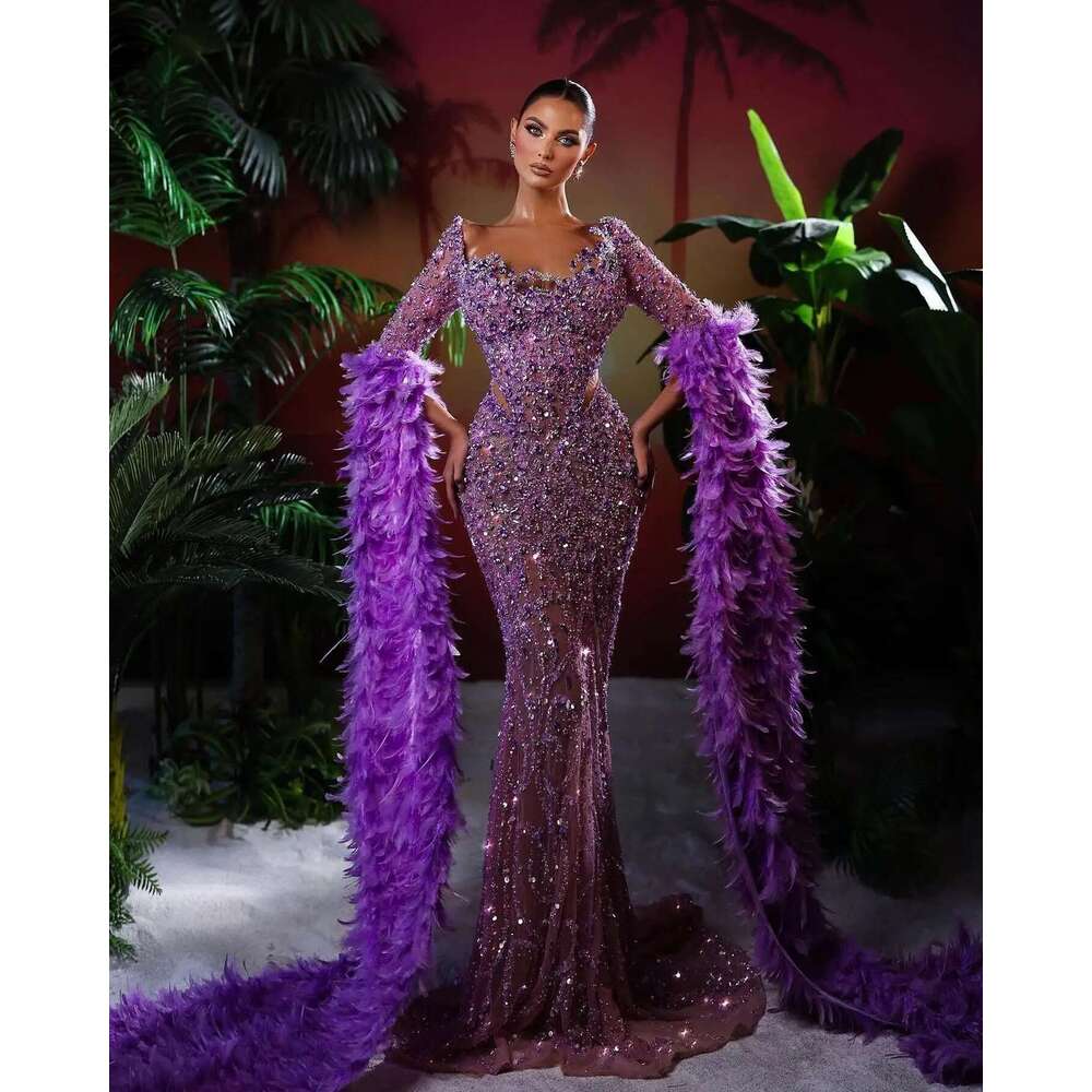 Mermaid Night Dress Formal Dresses For Occasion Square Feathers Bright Appliques prom Custom Ball Gown