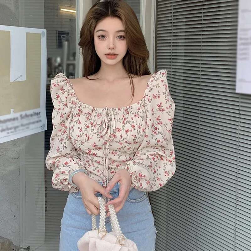 Blouses Women Slim Ral Print Lantern Sleeve Elegant Female Temperament Schoolgirls Spring All-Match Leisure Holiday Clothes