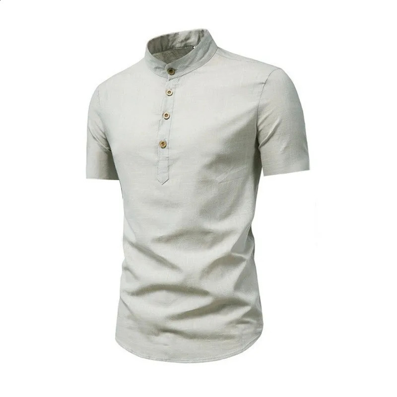 Mens casual shortsleeved standup collar vintage solid color shirt 250220