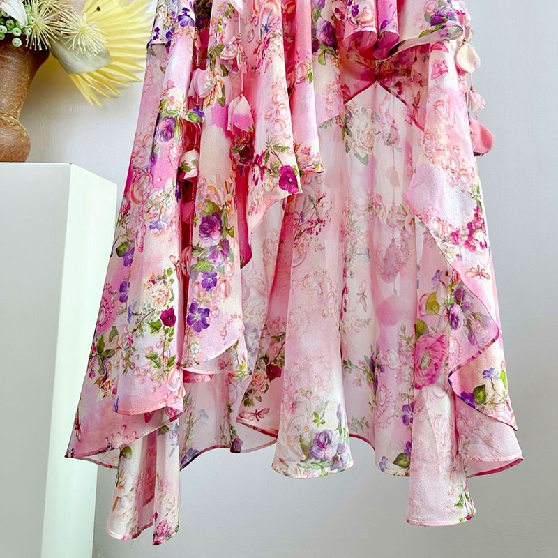 Women's Floral Print Silk Halter Neck Dress Classic Deep V-Neck Ruffled Backless Embroidered Fringe Crystal Rhinestones Spring Vacation Style Lux