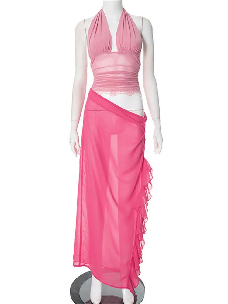 Tossy Ruffled Fashion Mesh 2 Piece-Set Long Skirt For Women V-Neck Lace See-Through Holiday Outfits Summer Maxi Skirt Sets 250220