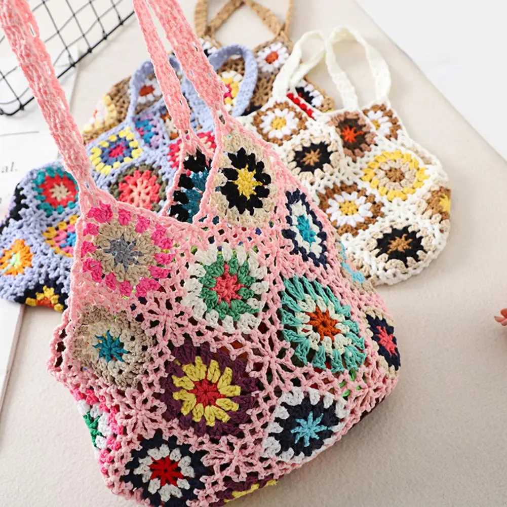 Bohemian crocheted womens shoulder bag knitted multi-color hollow handbag casual knitted handbag summer beach bag Z250219