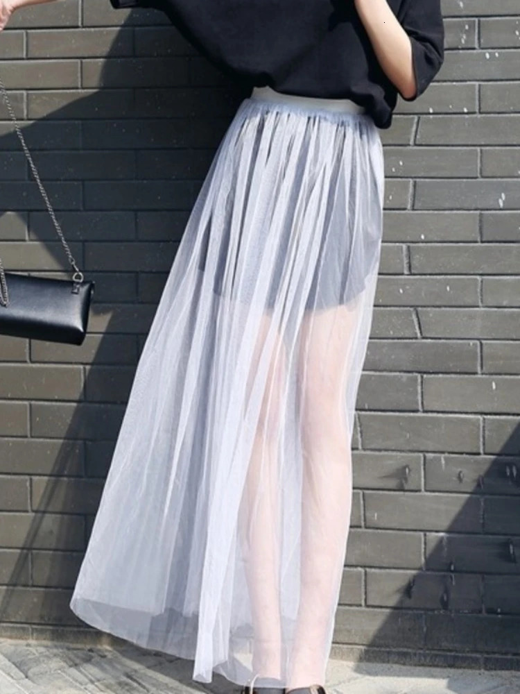 2024 Summer Long Lace Skirt Women Black White Mesh Voile Casual Skirts Low Waist Bohemian Sexy Transparent Maxi Wear 250220