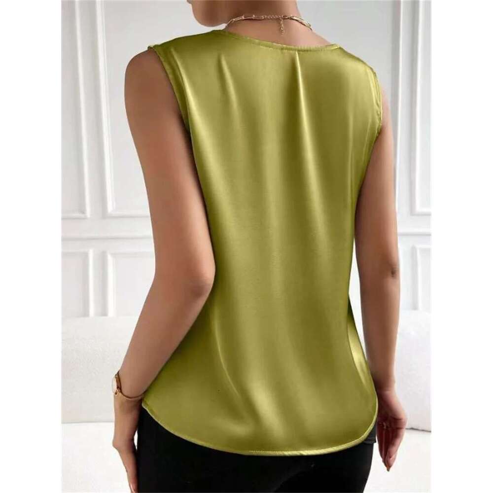 Women Summer Style Blouses Shirts Lady Casual Sleeveless V-Neck Satin Fabric Solid Color Blouse Tops Df5069