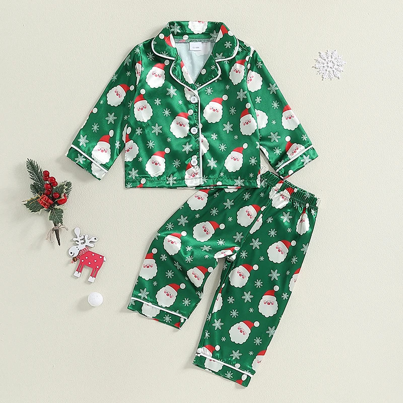 -06-19 Lioraitiin Kid Boy Girl Christmas Pajamas Set Snowman Print Long Sleeve Button Down Tops Elastic Waist Pants Set 250219
