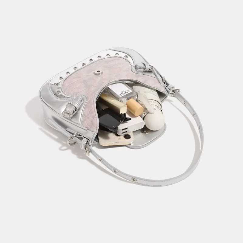 MBTI Y2k Womens Shoulder Bag Gothic Silver Patchwork Harajuku Fashion Handbag Niche Designer Casual Cool Female Motorcycle Bag Y250218