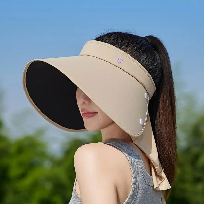 Large Shawl Hollow Top Hat Face Shading Velvet Vinyl Sun Hat Female Summer Outdoor Neck Shade Hat Beach UPF50 250219