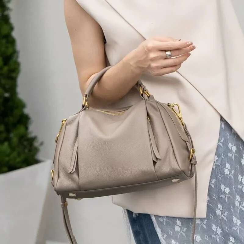 Classic Natural Cow Leather Women Shoulder Bag Grey Big Winter Soft Touch Cowskin Female Handbag High Quality Tote