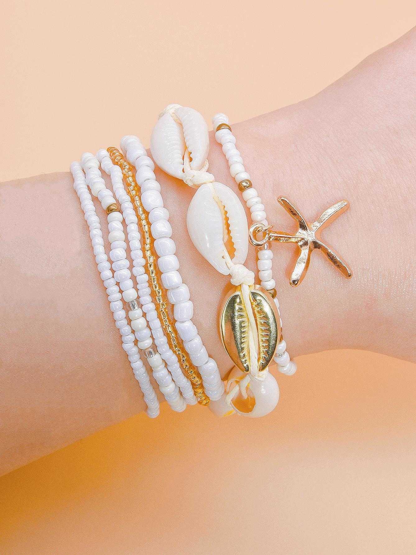 Charm Bracelets Bohemian Beach Style Bracelet Set Summer Dopamine Sea Star Rice Bead Shell Hand Rope Six Piece Set for Women H25220