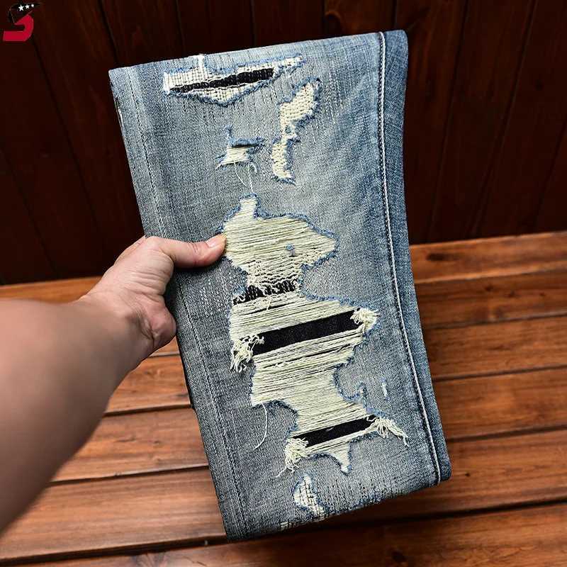 2024 personality Street jeans mens fall slim fit skinny fashion ripped patch scrape denim trousers X250220
