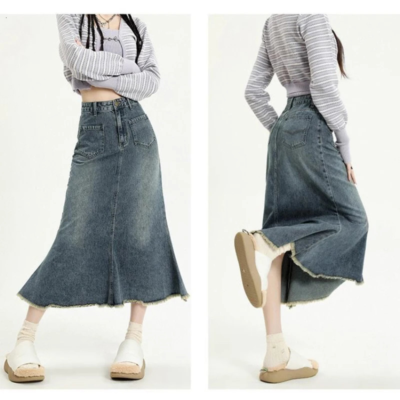 Womens high waisted retro denim leather niche n fishtail skirt medium long Aline 250220