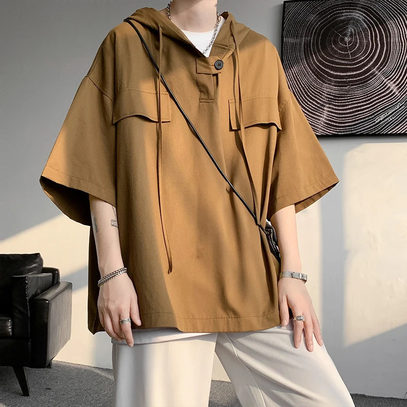 5-Color Summer Hoodie Mens Korean Half Sleeve Pullover Streetwear Loose T-shirt Top Brushed Mens Clothing 250219