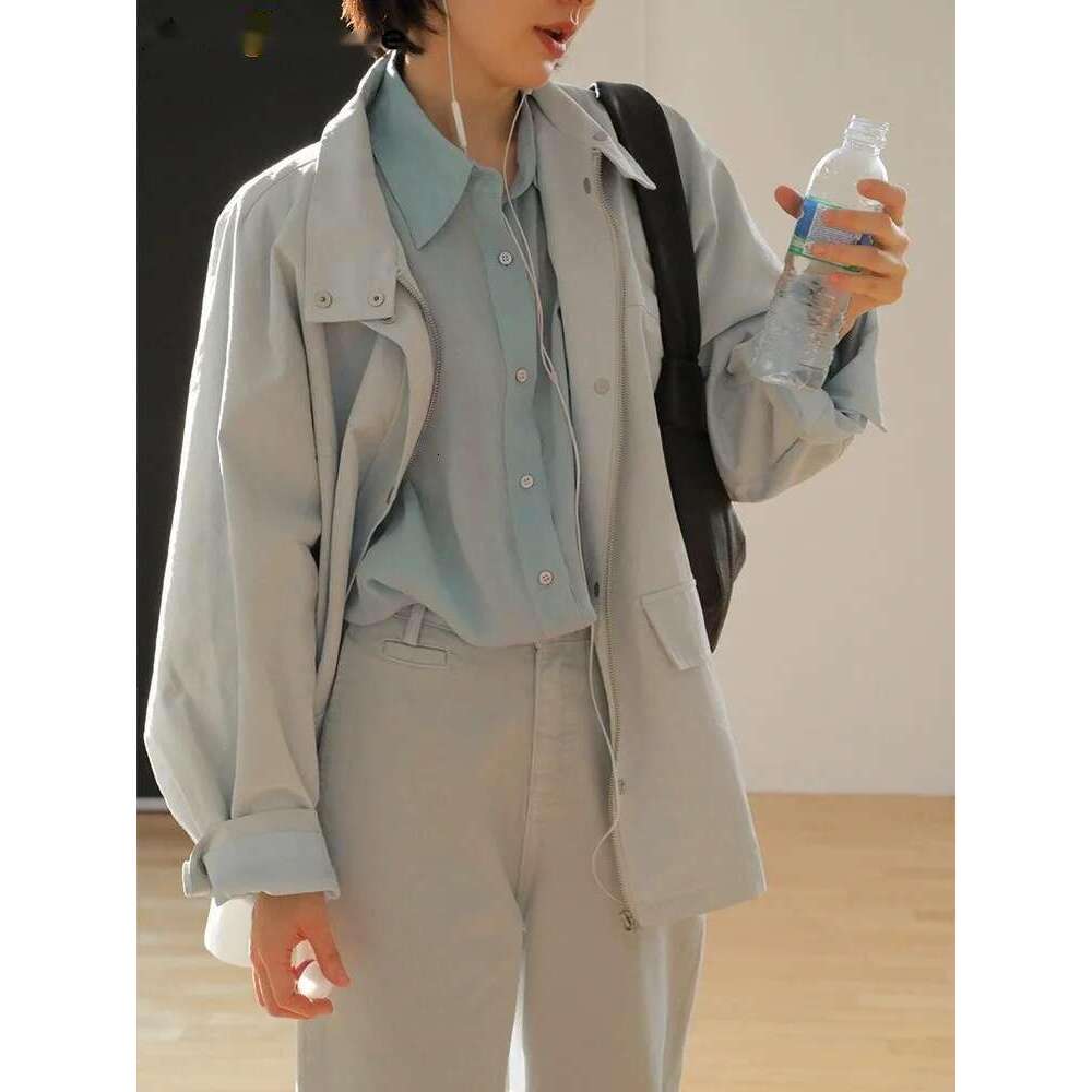 2025 Relaxed Loose Shoulder Jacket Women Spring Stand Collar Silhouette Top Rice Apricot/Light Blue/Dark Gray