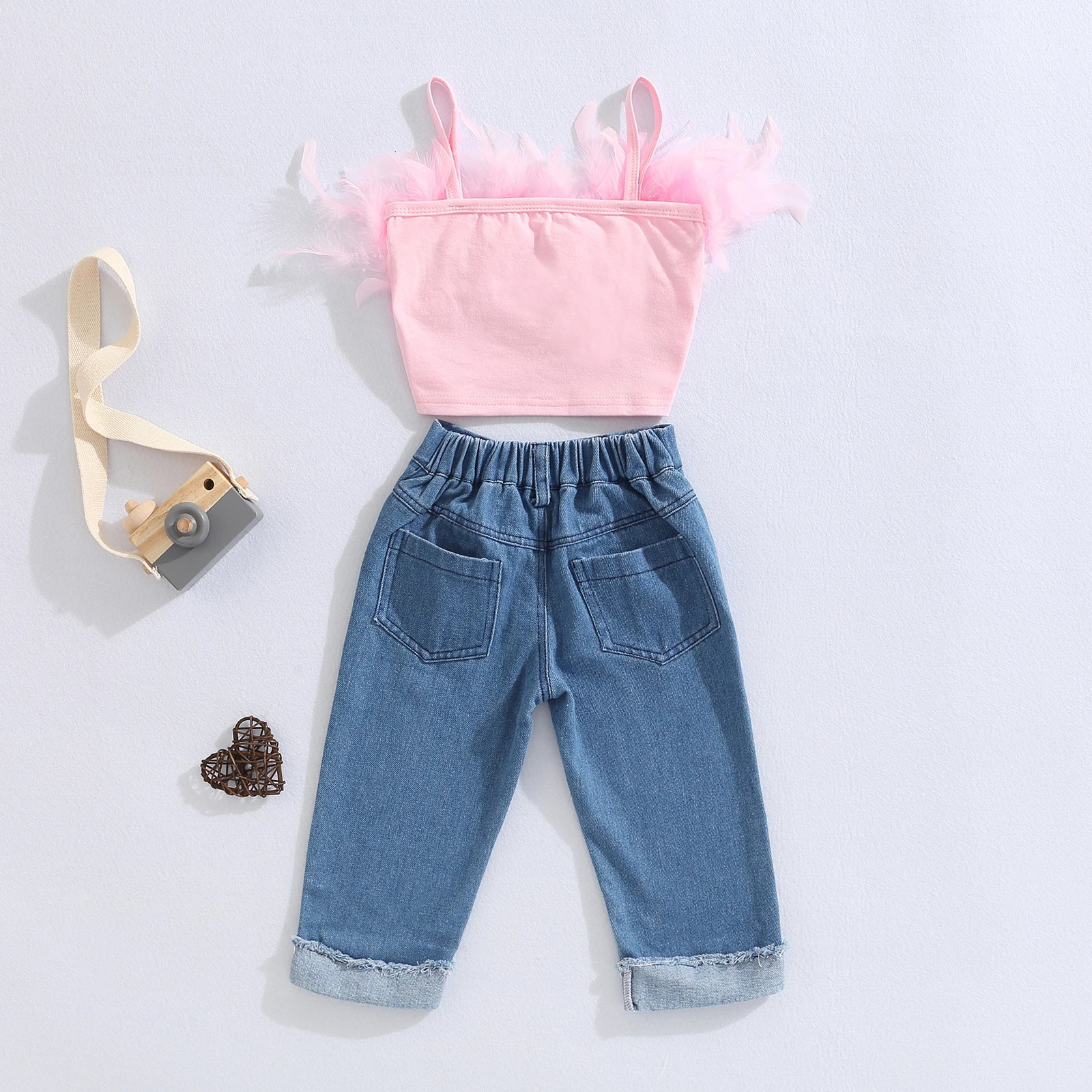 Girls Summer Clothing Outfit Sets Fashion Kid Children Pink Sleeveless Feather Camisole Denim Pants with Pockets 250220 - view 4