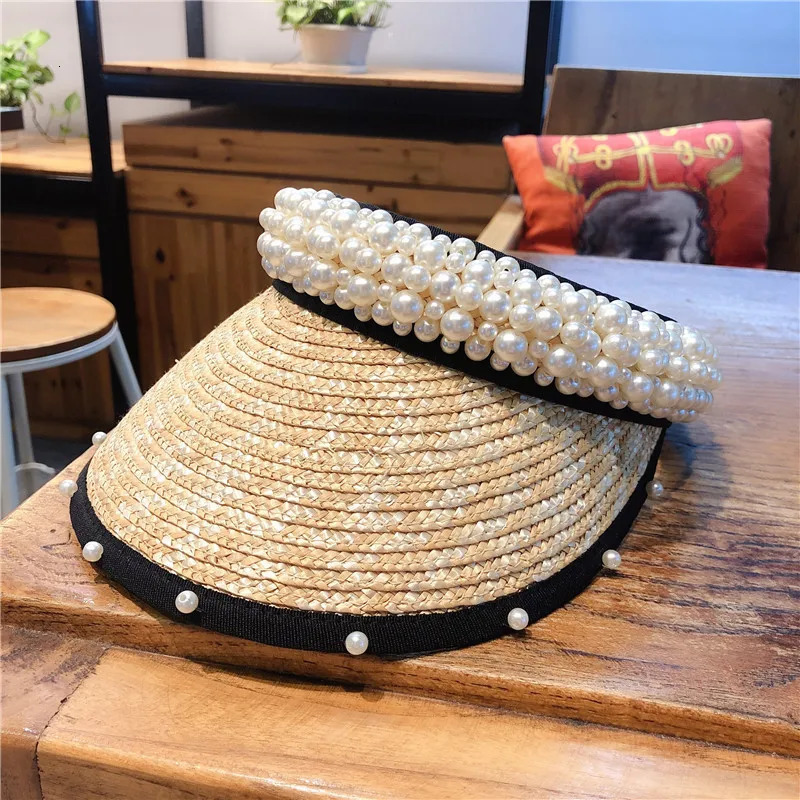 Elegant Handmade Wheat Straw And Pearl Empty Straw Sun Hats For Female Summer Sunshade Korean Seaside Beach Visor Visera Hat 250219