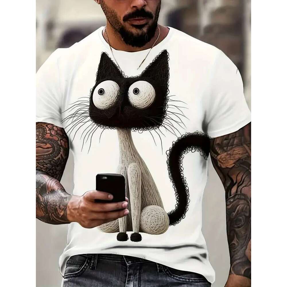 Men's Printed Cat Short Sleeve T-shirt, Casual Street Fashion, Round Neck Sweater, Men's Breathable Clothing, Summer, Funny