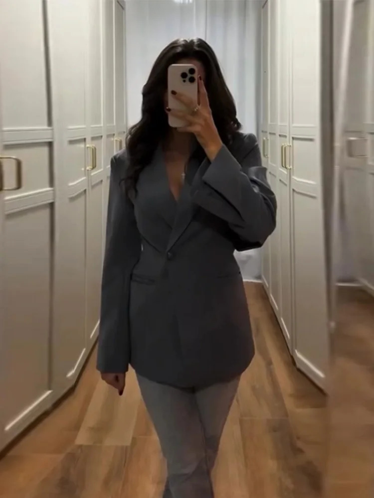 Spring Elegant Solid Womens Blazers Lapel One Button Shoulder Pads Long Sleeve Jacket Slim Office Lady Commute Streetwear 250213