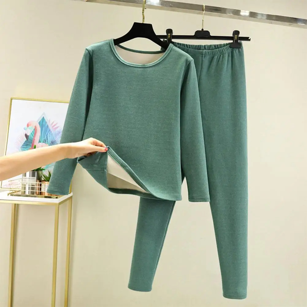 2 PcsSet Winter Top Pants Set Plush Round Neck Long Sleeve Elastic Waist Warm Soft Homewear Pajamas Thermal Underwear 250220
