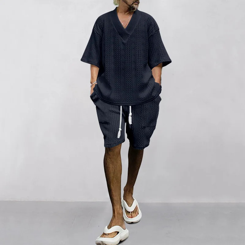 casual loose one seventh sleeve jacquard Vneck top mens beach vacation set European size 2piece 250220