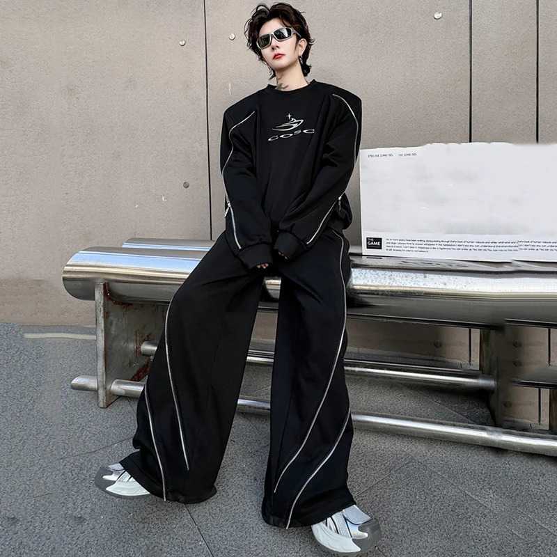 PFNW Mens Two-piece Set Round-neck Long Sleeve Pullover Sweatshirt High Street Wide Leg Pants Zippered Sets 9C4234 250220