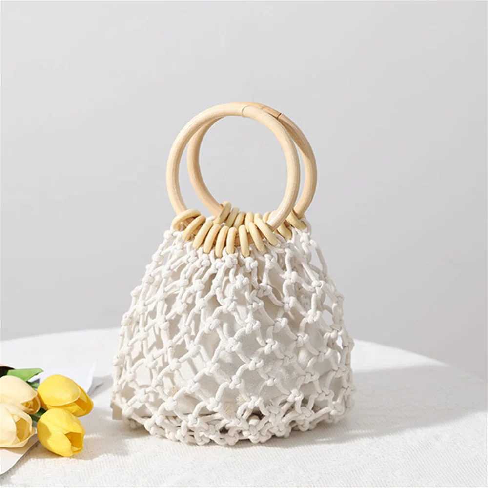 New Summer Straw Woven Beach Bag Rattan Ladies Purses Handbag Wrist Pack Women Handle Female Bucket Tote Bags Knit Travel Bags Z250219