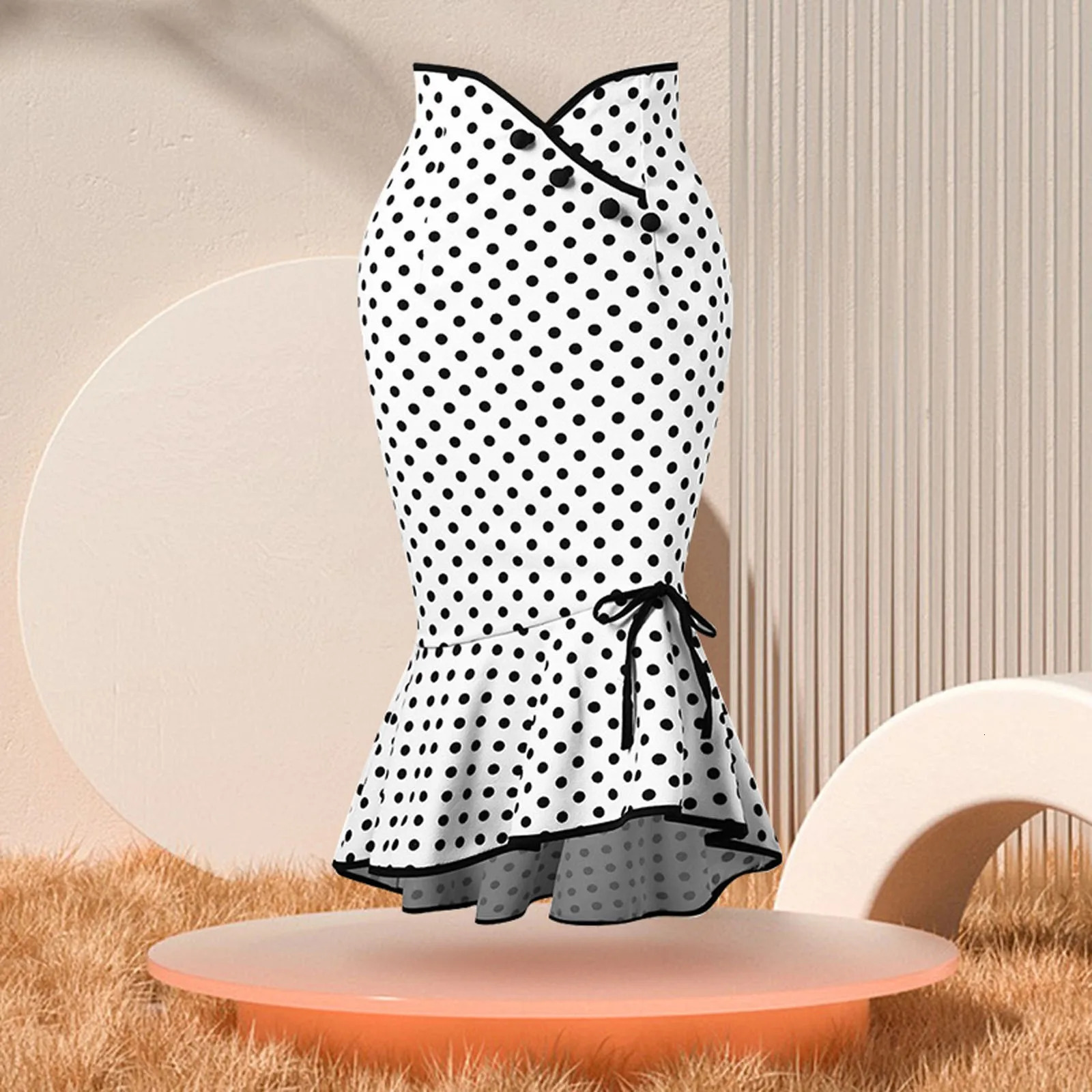 Womens Ruffles Bodycon Fishtail Skirt Retro Polka Dot Cotton Midi Ladies Casual Party Street travel Pencil 250220