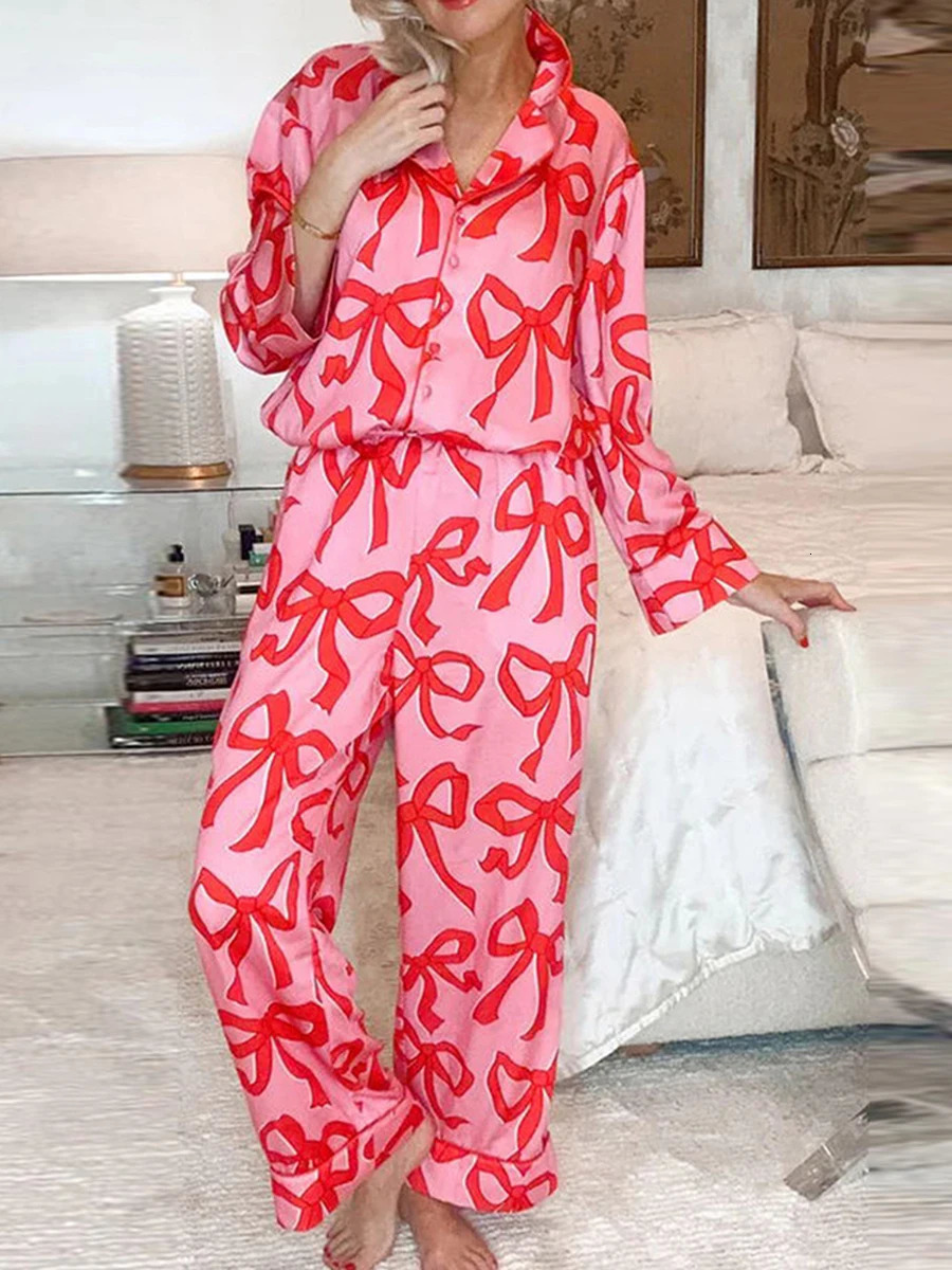 Womens 2-piece long sleeved lapel button top bow printed pants pama set 250219