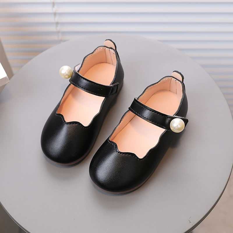 Girls Mary Janes Pearl Shallow Black Beige Pu Leather Children Princess Shoes Four Seasons 21-30 Flexiable All-match Kids Flats X2502201