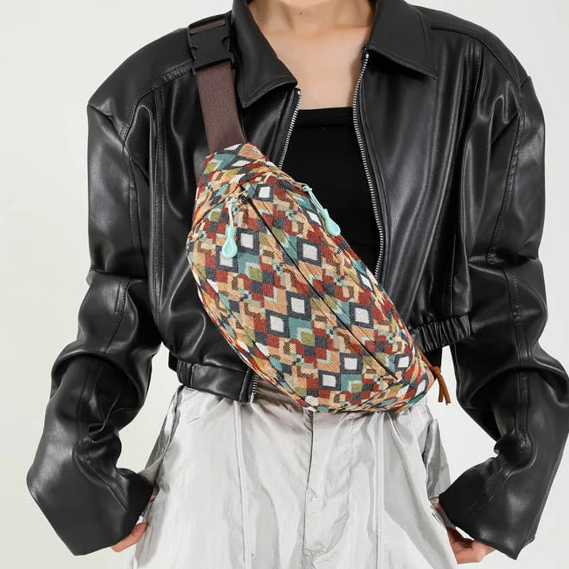 Fashion Grid pattern Chest Bags For Women Canvas Waist Bag Large Capacity Shoulder Crossbody Purse Multifunction Fanny Pack 250219