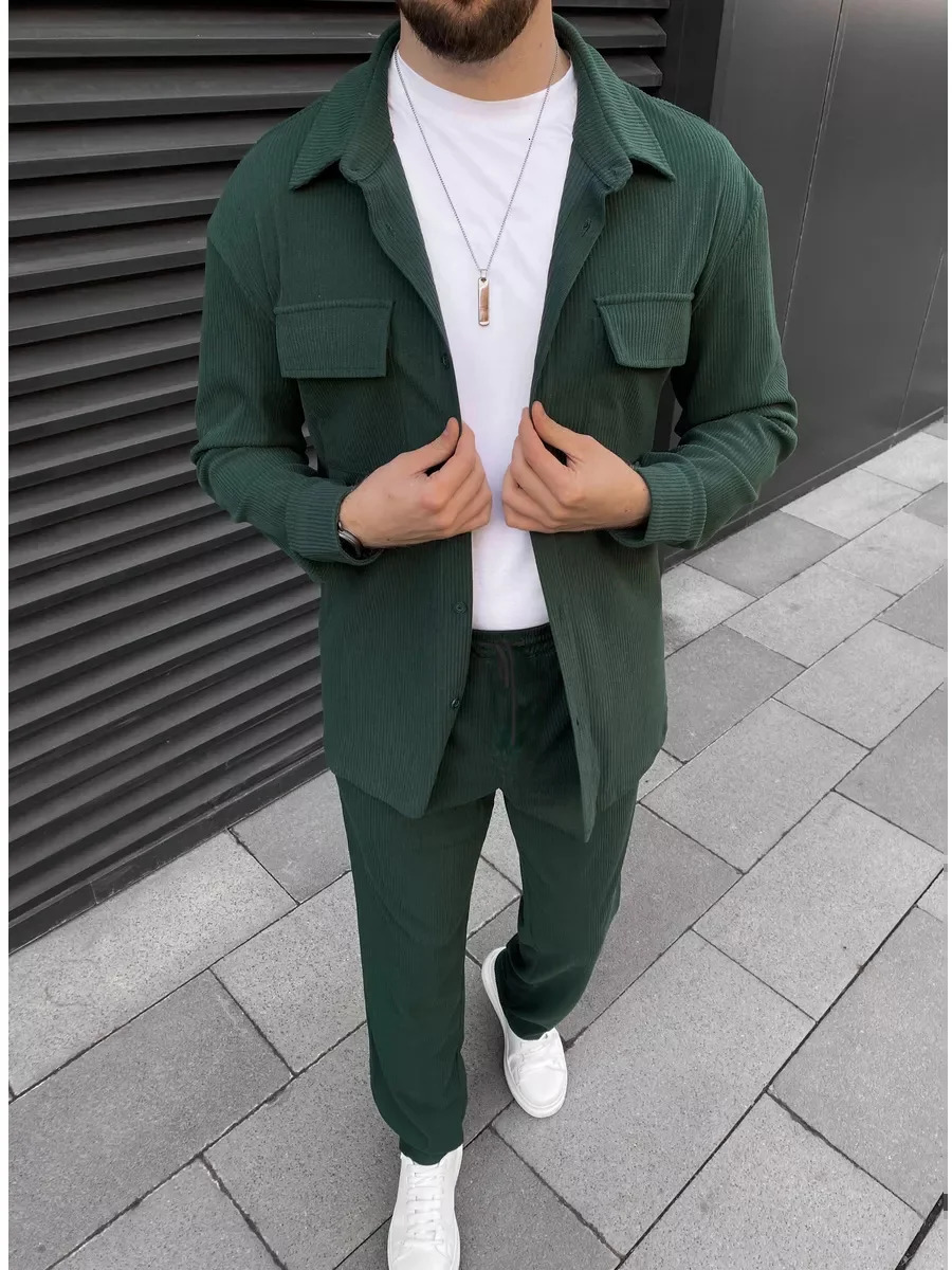 Mens simple front buckle lapel double pocket long sleeve two-piece casual sports solid color striped fashion comfortable 250220
