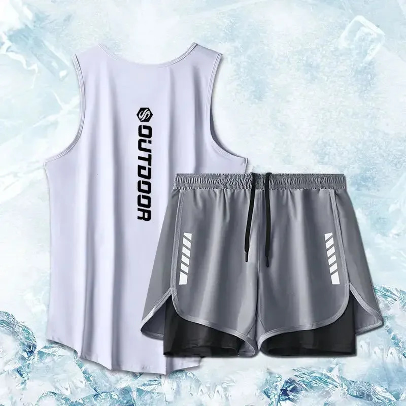 Sport Suits Men Summer Thin Quick Drying Vestshorts Mans Set Fitness Running Suit Twopiece Mesh Ventilation Tracksuit 250220