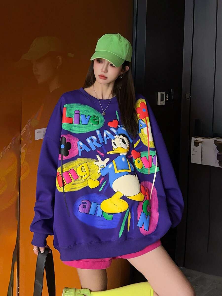 2024 Autumn New Heavy Industry Cartoon Contrasting Graffiti Print Sweatshirts Women's Versatile Casual High Street Top Sudaderas