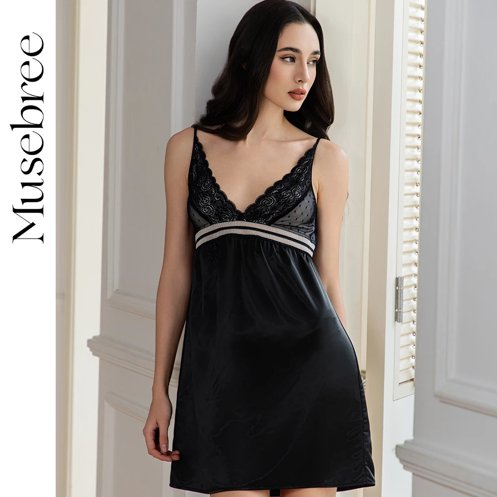 Musebree Womens V Neck Sexy Night Dress Ladies Lace Sleeveless Nightdress Nightgowns Spring Sleep Dress Womens Pajamas Dress 250219