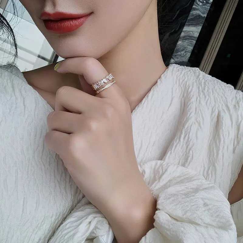 Luxury Zircon Gold Color Double Layer Adjustable Opening Rings For Wen Fashion Wedding Party Jewelry Birthday Gift s X250220