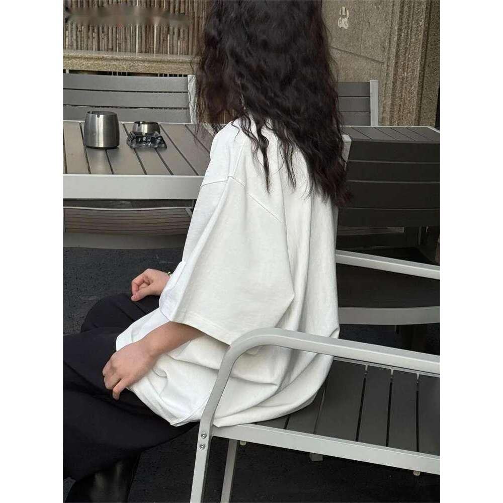 2025 Spring Simple Basic Solid Drop Shoulder T-Shirt Casual 100% Cotton Tees Top White/Black/Light Blue/Red