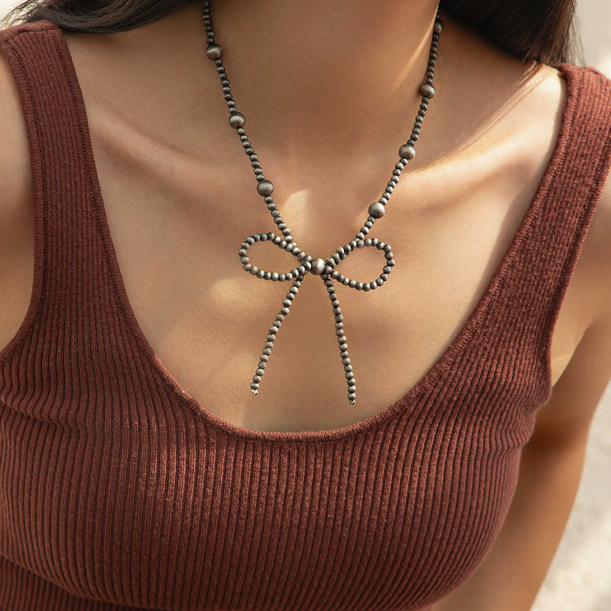 Pendant Necklaces Bohemian layered turquoise bow handmade necklace Navajo style beaded ethnic necklace H25219 2 4C9F
