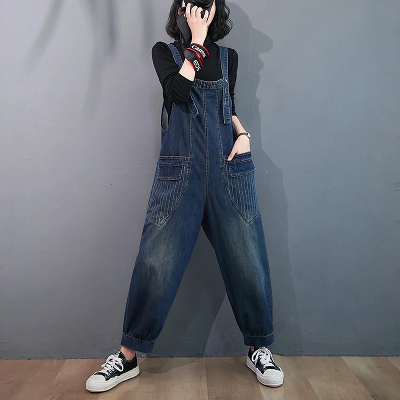 #1427 Blue Denim Overalls For Women Loose Big Pockets Casual Straight Jumpsuits Ladies Spaghetti Strap Rompers High Waisted 250220