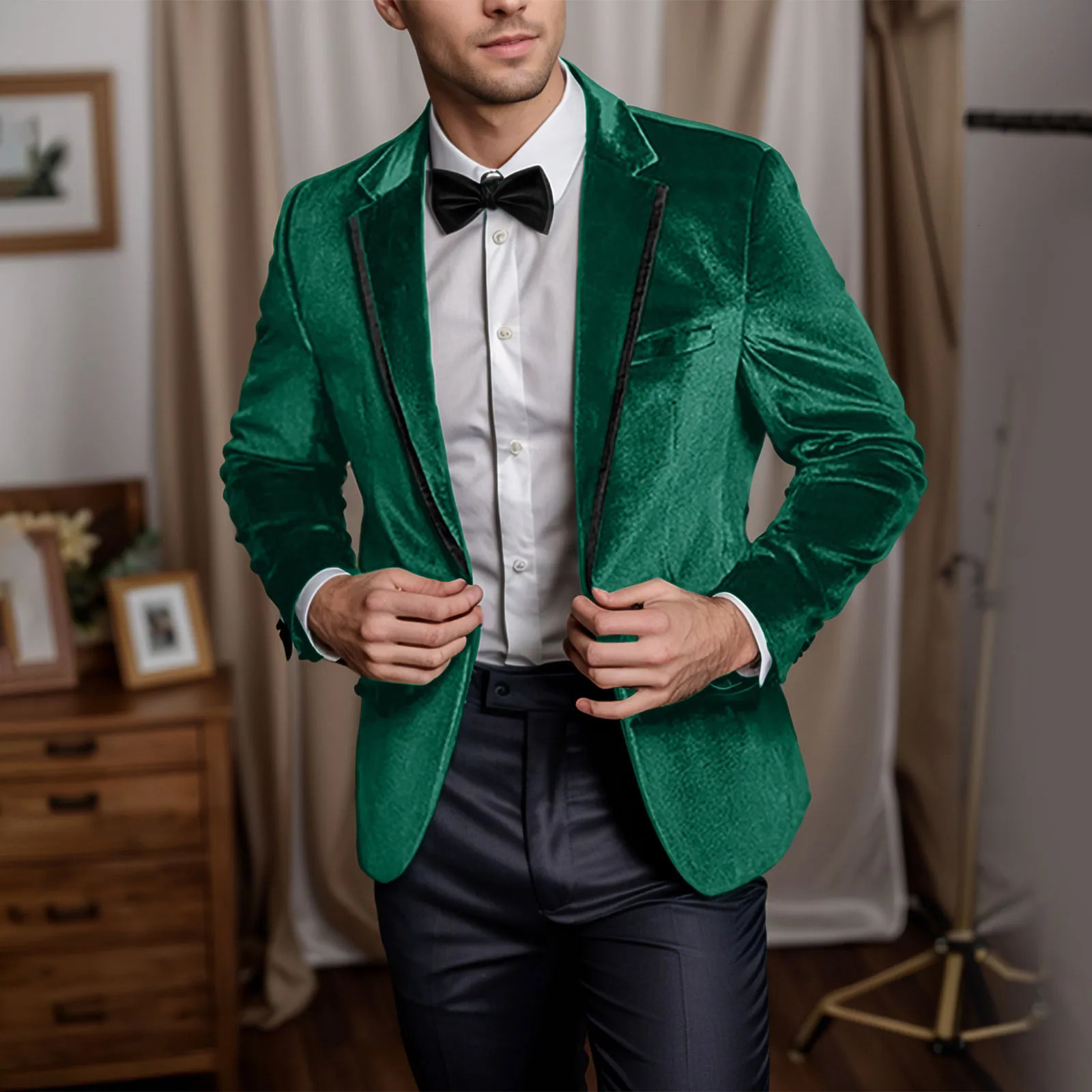Vintage Green Velvet Mens Ultra Thin Set Groom Tuxedos Groomsmen Wedding Party Dinner Mens Exquisite Party Set 250220